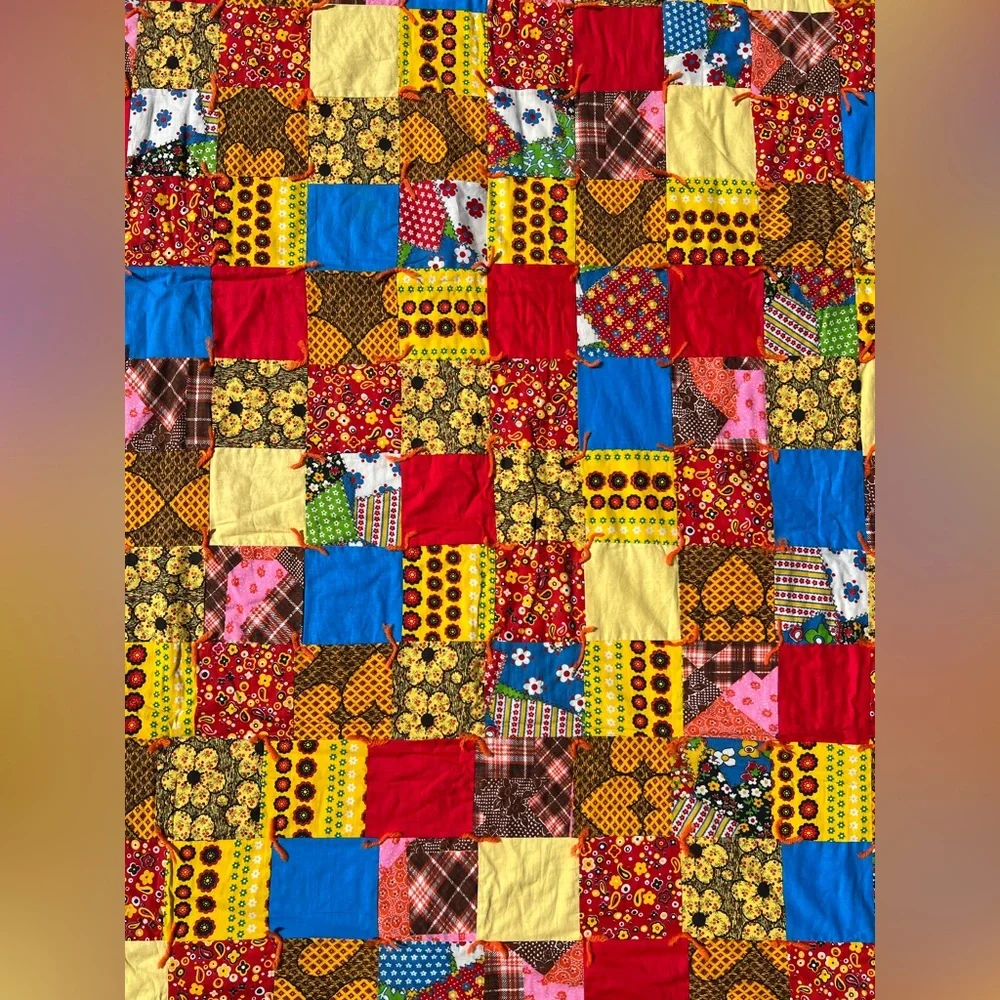 VTG 60s 70s 85x57 Folk Patchwork Boho Quilt Colorful Groovy Retro Handmade OOAK
